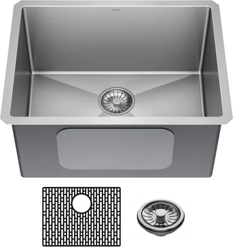 DELTA FAUCET Delta Lenta 953034-24SL-SS - Fregadero de cocina de acero inoxidable calibre 16 de 24 pulgadas con accesorios, color satinado