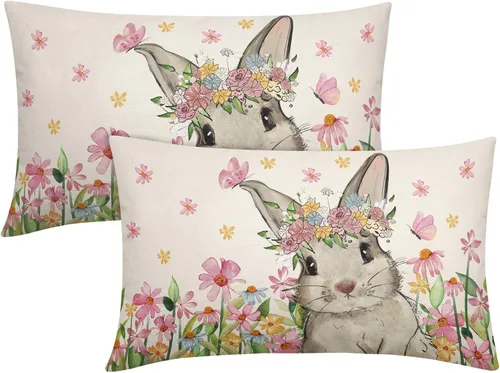 Juego de 2 fundas de almohada de primavera de 12 x 20 pulgadas, diseño floral de conejo, conejo, floral, decorativas, lumbar, para sofá o cama