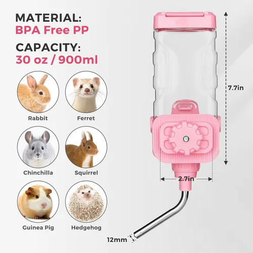 Miniatura 6 de Dispensador de agua Vannon para animales pequeños para jaula, botella de agua de 30oz para autoalimentación en jaula para conejo, chinchilla, hurón