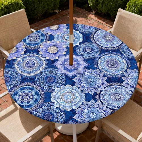 Miniatura 13 de Mantel para exteriores con agujero para sombrilla y cremallera, impermeable, redondo, ajustable con borde elástico, mantel lavable para mesa al aire