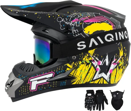Miniatura 13 de Casco de motocross, ATV para jóvenes y niños, casco de motocicleta todoterreno BMX de 4 ruedas, con certificado DOT, con guantes y máscara de gafas