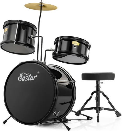 Eastar Batería de 14'' para Niños Principiantes, 3 Piezas con Bombo Tom Snare, Trono Ajustable, Platillo, Pedal y Dos Pares de Baquetas, Metálico