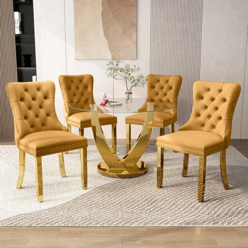 Miniatura 13 de Juego de mesa de comedor redonda de vidrio de 38.9 pulgadas para 4, mesa de cocina redonda dorada con 4 sillas decorativas de terciopelo tapizadas