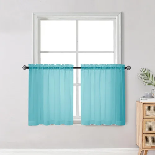 OWENIE Cortinas Transparentes Cortas Color Aguamarina de 30 Pulgadas de Largo, Juego de 2 Paneles, Niveles de Cortinas de Cocina con Filtrado de Luz
