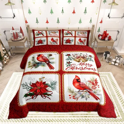 Miniatura 42 de Juego de edredón de Feliz Navidad, tamaño individual, juego de ropa de cama de flores rojas de Navidad, bayas y hojas, para niños y hombres, juego