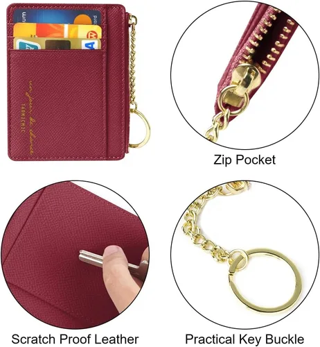Miniatura 30 de URAQT Cartera para tarjetas de crédito, cartera minimalista de cuero delgado con cremallera, mini protector de tarjeta de crédito, llavero bolsillo