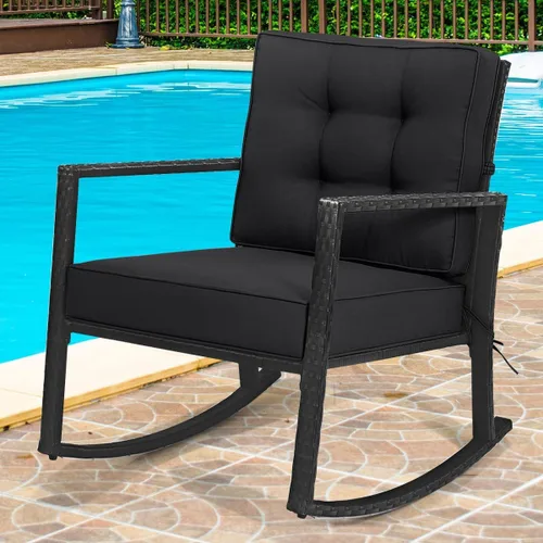 Miniatura 4 de HAPPYGRILL Mecedora de mimbre, silla mecedora de patio al aire libre con marco resistente, cojín grueso, mecedora de ratán para patio trasero