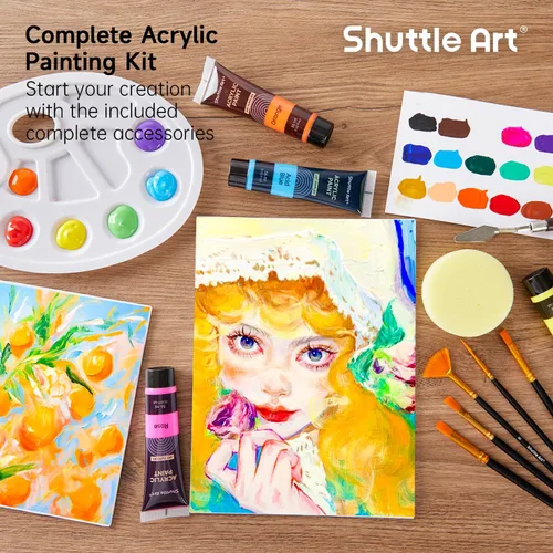 Miniatura 5 de Shuttle Art Juego de 48 pinturas acrílicas, 30 colores de pintura acrílica (36ml) con 10 pinceles, 5 lienzos, 1 cuchillo de pintura, 1 paleta, 1