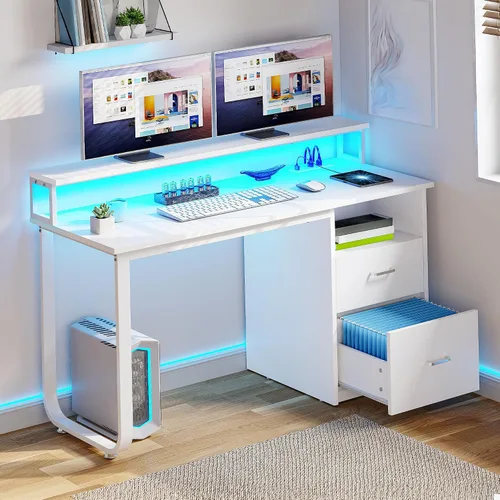 Miniatura 4 de YITAHOME Escritorio para computadora con cajones, escritorio de oficina de 47.2 pulgadas con tomas de corriente y luz LED, escritorio de oficina