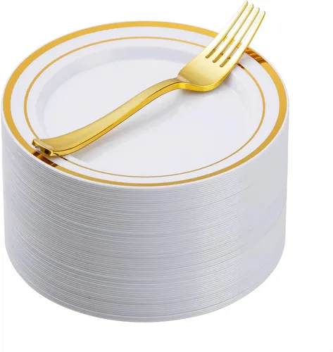 Goodluck 120 platos de plástico dorados de postre de 7 pulgadas con tenedores de 7.4 pulgadas, platos dorados para aperitivos para 60 invitados,