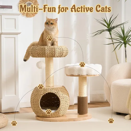 Miniatura 9 de Moderna torre de árbol para gatos de interior, madera maciza de 30 pulgadas y ratán para gatos con postes rascadores y auto arreglado, cama de felpa