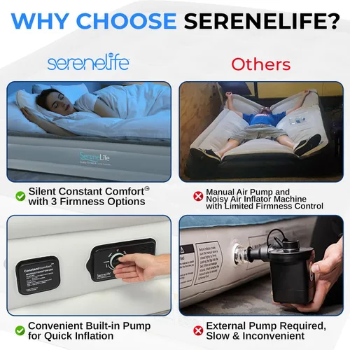 Miniatura 7 de SereneLife Colchón de aire tamaño individual con tecnología ComfortCoil incorporada y bomba interna de alta capacidad Parte superior de colchón