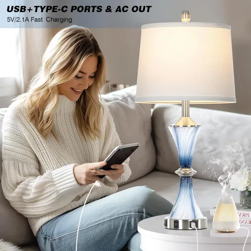Miniatura 2 de Rinweey - Lámpara de mesa de vidrio azul con puertos USB C+A y salidas de AC, lámpara de noche costera para mesitas de noche, dormitorio, sala