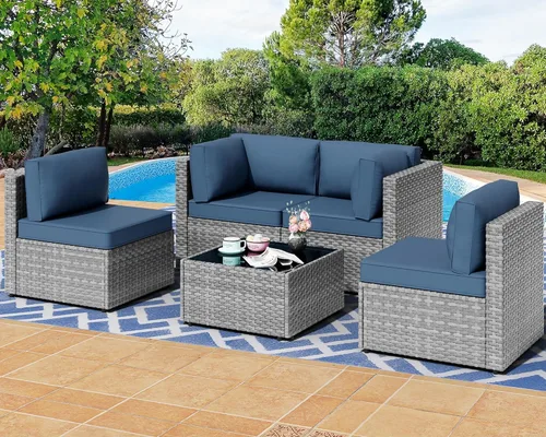Shintenchi Juego de 5 muebles de patio al aire libre, sofá seccional de patio, muebles de mimbre de polietileno gris, juegos de conversación Azul