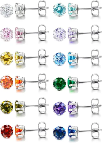 LOYALLOOK 12 pares de aretes de acero inoxidable con circonita cúbica redonda de corte brillante para mujer, Piedra Diamante Circonita cúbica Piedra