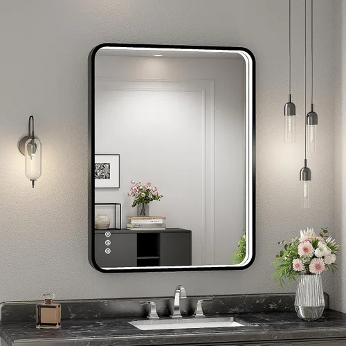 Espejo de baño LED de 24x32 pulgadas con luces, espejo LED con marco de metal negro para baño, 3 colores y luz regulable sin escalones montada en la
