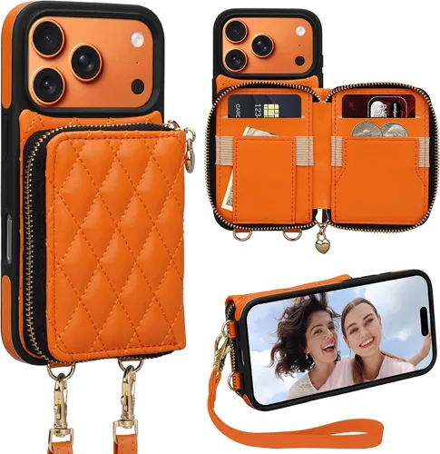 Miniatura 42 de Funda tipo cartera para iPhone 15 de 6.1 pulgadas, bolso cruzado con cremallera y correa para la muñeca con cordón para mujer, tarjetero con bloqueo