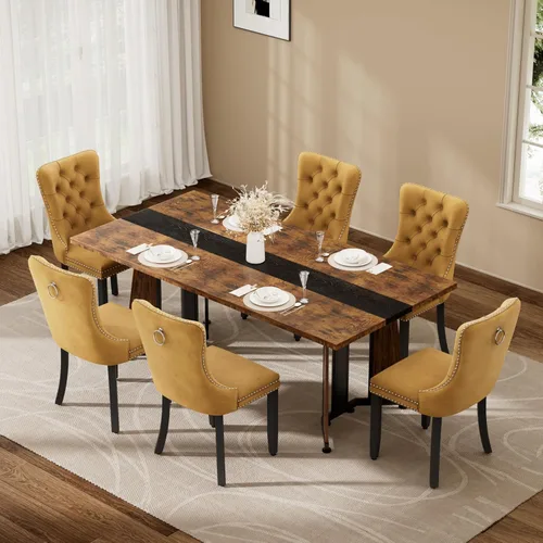 Miniatura 29 de Juego de mesa de comedor de 5 piezas con 4 sillas, mesa de comedor rectangular de madera de 71 pulgadas con sillas de comedor de terciopelo, tablero