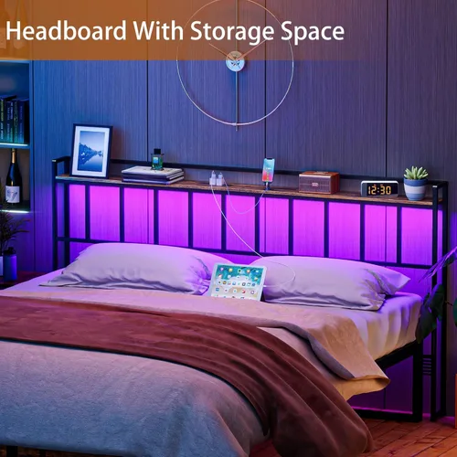 Miniatura 6 de LAKEMID Cabecera tamaño Queen, cabeceros con luz LED, salidas y puertos USB, cabecera con estante de almacenamiento, cabecera resistente y estable