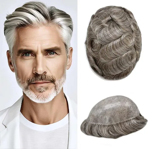 Miniatura 25 de Peluca completa de poliuretano para hombre, sistemas de reemplazo de cabello humano, piel fina y duradera, para hombre, prótesis de cabello