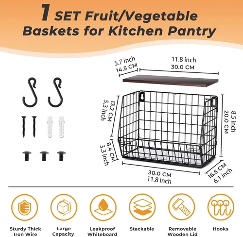 Miniatura 4 de Frutero apilable para encimera de cocina, cesta colgante montada en pared, cesta de alambre con tapa de madera con ganchos para colgar plátanos