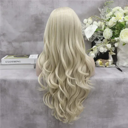Miniatura 3 de IMSTYLE Peluca rubia con encaje frontal, pelucas de cabello sintético de onda larga para mujer, línea capilar natural, cabello rubio seguro al Rubio