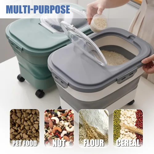 Miniatura 4 de Contenedor plegable de almacenamiento de alimentos para perros con tapas, hermético, harina de arroz, cereales, azúcar, gato, mascotas, aves, Verde