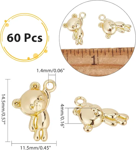 Miniatura 2 de CHGCRAFT 60 colgantes de oso dorado de 0.57 pulgadas para pulseras, collares, aretes, joyería, 0.571 in de largo