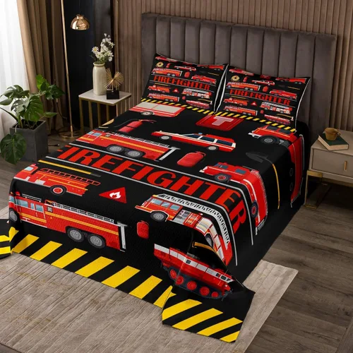 Miniatura 9 de Colcha de vehículos de rescate para niños, tamaño individual, juego de colcha de ambulancia de coche de policía y camión de bomberos, decoración