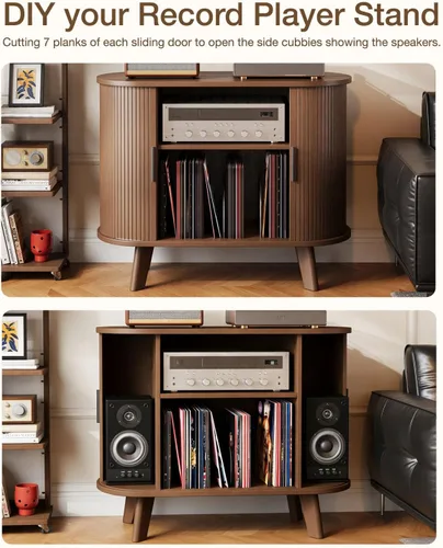 Miniatura 3 de Soporte para tocadiscos, mueble moderno de mediados de siglo con puertas correderas, gabinete de estantería de audio-video, soporte de medios