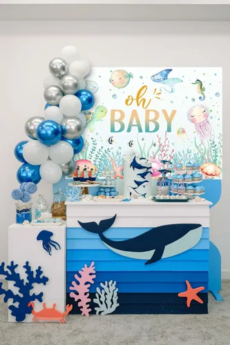 Miniatura 4 de Avezano Fondo para baby shower con texto en inglés "Under The Sea", para baby shower, fondo de fotografía de baby shower, decoración subacuática, 7