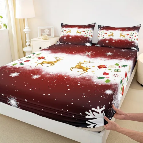 Miniatura 7 de Juego de sábanas de Navidad para niños, 3 piezas, tamaño individual, juego de ropa de cama con estampado de alce dorado y árboles de regalo
