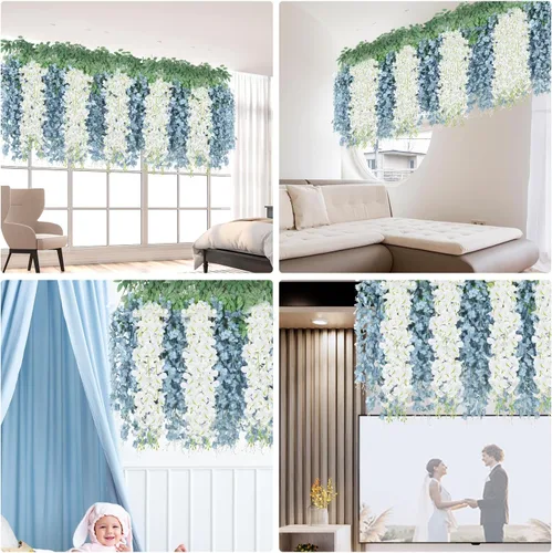 Miniatura 6 de 25 Pcs Artificial Wisteria Hanging Flowers 3.6ft Dusty Blue & White Fake Hanging Flowers Garland Silk Flowers Rattan String Faux Wisteria Vine for