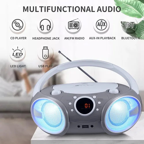 Miniatura 2 de SINGING WOOD 030BTL CD/CD-R/CD-RW Boombox Portátil/w Bluetooth, USB, radio AM/FM, entrada AUX, conector para auriculares, asa de transporte plegable