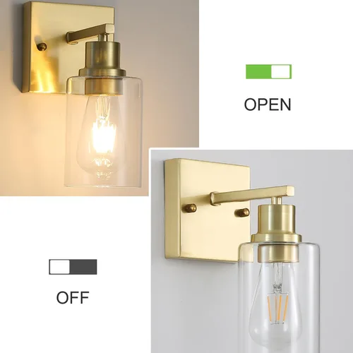 Miniatura 7 de Paquete de 2 lámparas de pared para sala de estar, luces de tocador de oro cepillado con pantalla de cristal, apliques de pared modernos de granja