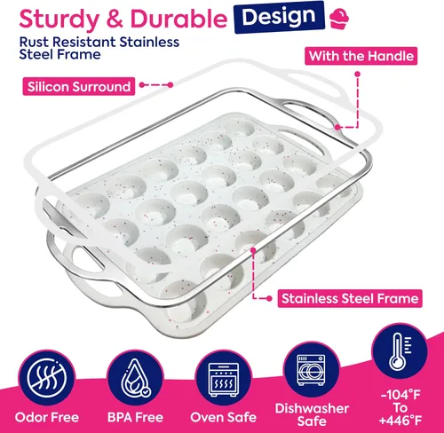 Miniatura 3 de RICCLE Paquete de 2 mini moldes de silicona para magdalenas con marco reforzado de metal, mini moldes de silicona para magdalenas de 24 tazas