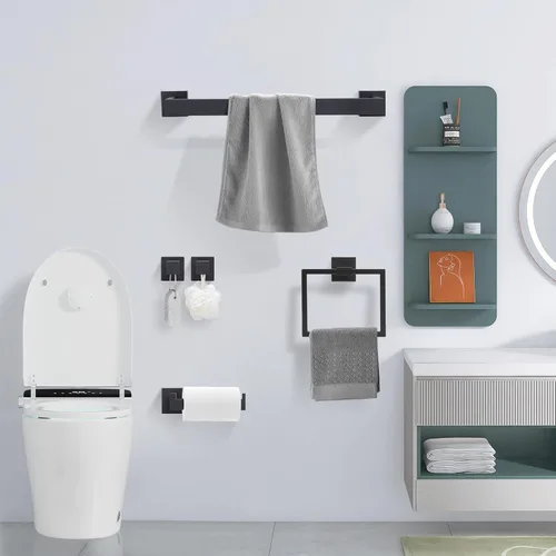 Miniatura 2 de Accesorios de baño de acero inoxidable negro mate, juego de 5 piezas con toallero cuadrado de 16 pulgadas, toallero y soporte