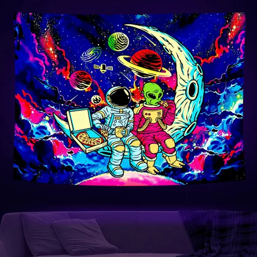 Tapiz de luz negra de astronauta para hombres, póster de alienígena con luz negra para adolescentes y niños, divertido tapiz de pared de galaxia