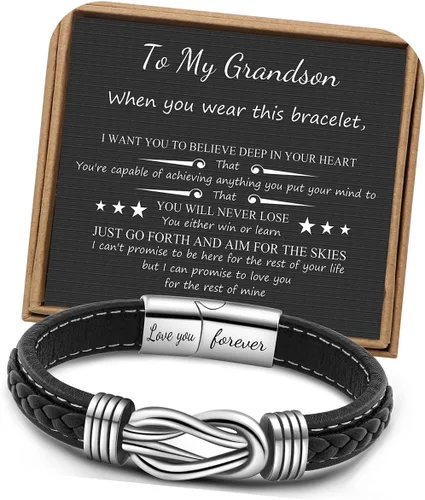 Miniatura 10 de Pulseras de nudo JoycuFF Regalos para hombres Marrón cuero trenzado acero inoxidable pulseras de infinito con inscripción Amor eterno Regalos