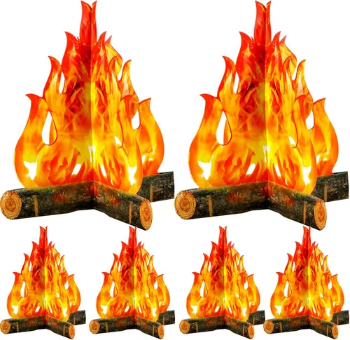 Boao Juego de 6 decoraciones de llama falsa de fuego falso, decoración de campamento de cartón 3D, llamas artificiales, decoraciones de fuego para