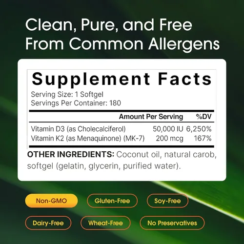 Miniatura 3 de NatureBell Vitamina D3 50,000 UI con Vitamina K2-180 Cápsulas blandas – Apoyo óseo e inmunológico de alta potencia* – Fácil absorción con aceite