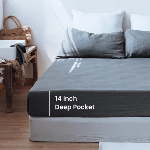 Miniatura 4 de Sábana bajera de 100 % lino lavado a la piedra, color sólido – (1 pieza) funda de colchón de 14 pulgadas de profundidad suave, natural y Gris Oscuro