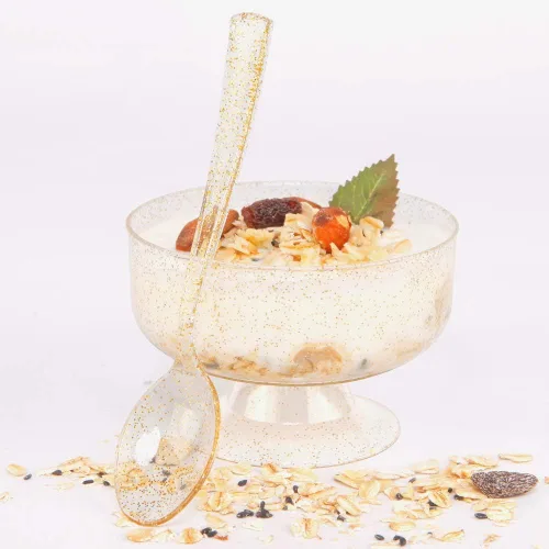 Miniatura 4 de WDF Paquete de 48 tazas de postre de plástico con purpurina dorada de 7 onzas con cucharas, 48 vasos de plástico desechables para helado y 48 Oro