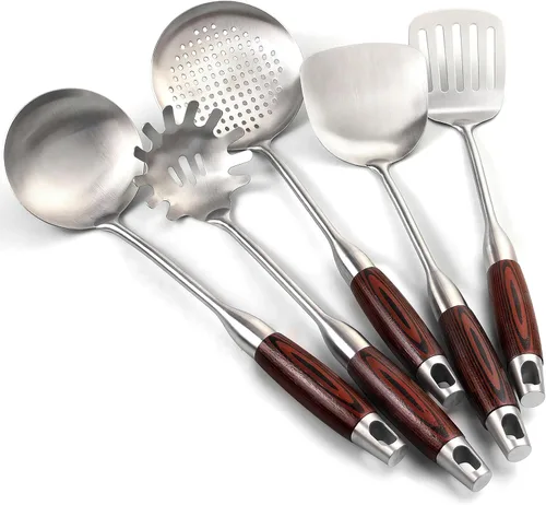 IQCWOOD Juego de utensilios de cocina de acero inoxidable con mango de madera, 5 piezas resistentes al calor, herramienta de utensilios de cocina