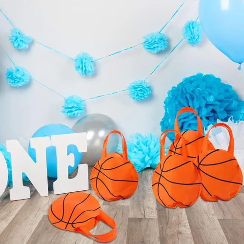 Miniatura 7 de Shihanee 50 piezas de bolsas de baloncesto para fiesta, bolsas de regalo temáticas de pelota, bolsas de golosinas y dulces, bolsos de mano