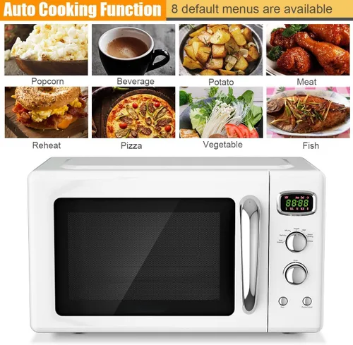 Miniatura 6 de Horno microondas retro para encimera, SIMOE Horno microondas compacto 0.9 pies cúbicos con bloqueo para niños, 5 niveles de potencia, descongelación
