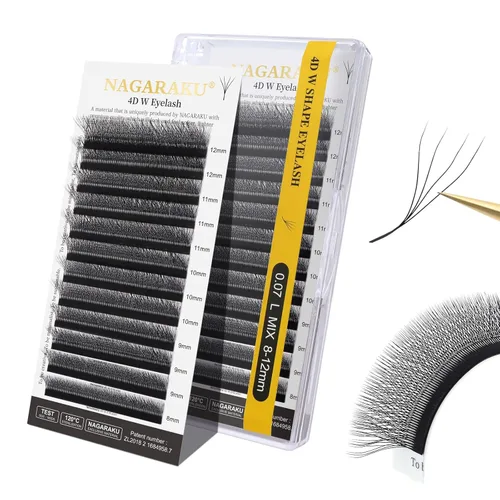 Miniatura 169 de NAGARAKU Extensiones de pestañas Double Tips 4D W, suministros con puntas dobles, gruesas con rizado D de 0.07 mm, bandeja mixta 8-15 mm, 0.07-D