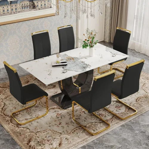 Miniatura 42 de Juego de 6 sillas de mesa de comedor para 6, juego de 6, moderno juego de comedor con mesa de comedor de mármol de 63 pulgadas, sillas tapizadas