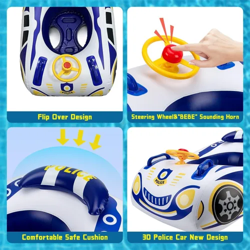 Miniatura 3 de Flotador de piscina para niños pequeños con volante, flotador de piscina para bebés sin giro con asiento y respaldo, PVC grueso inflable de policía