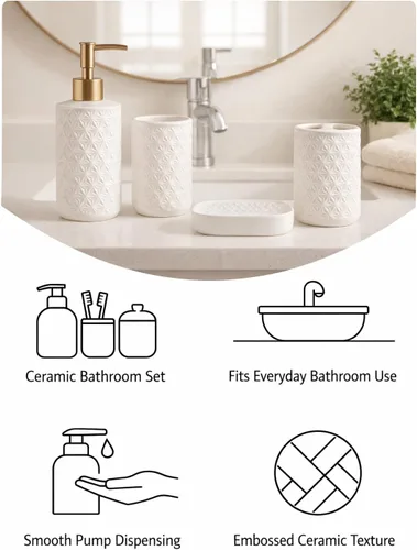 Miniatura 5 de Juego de accesorios de baño de cerámica, paquete de 4 conjuntos de baño para baño, incluye 1 dispensador de loción, 1 soporte para cepillo
